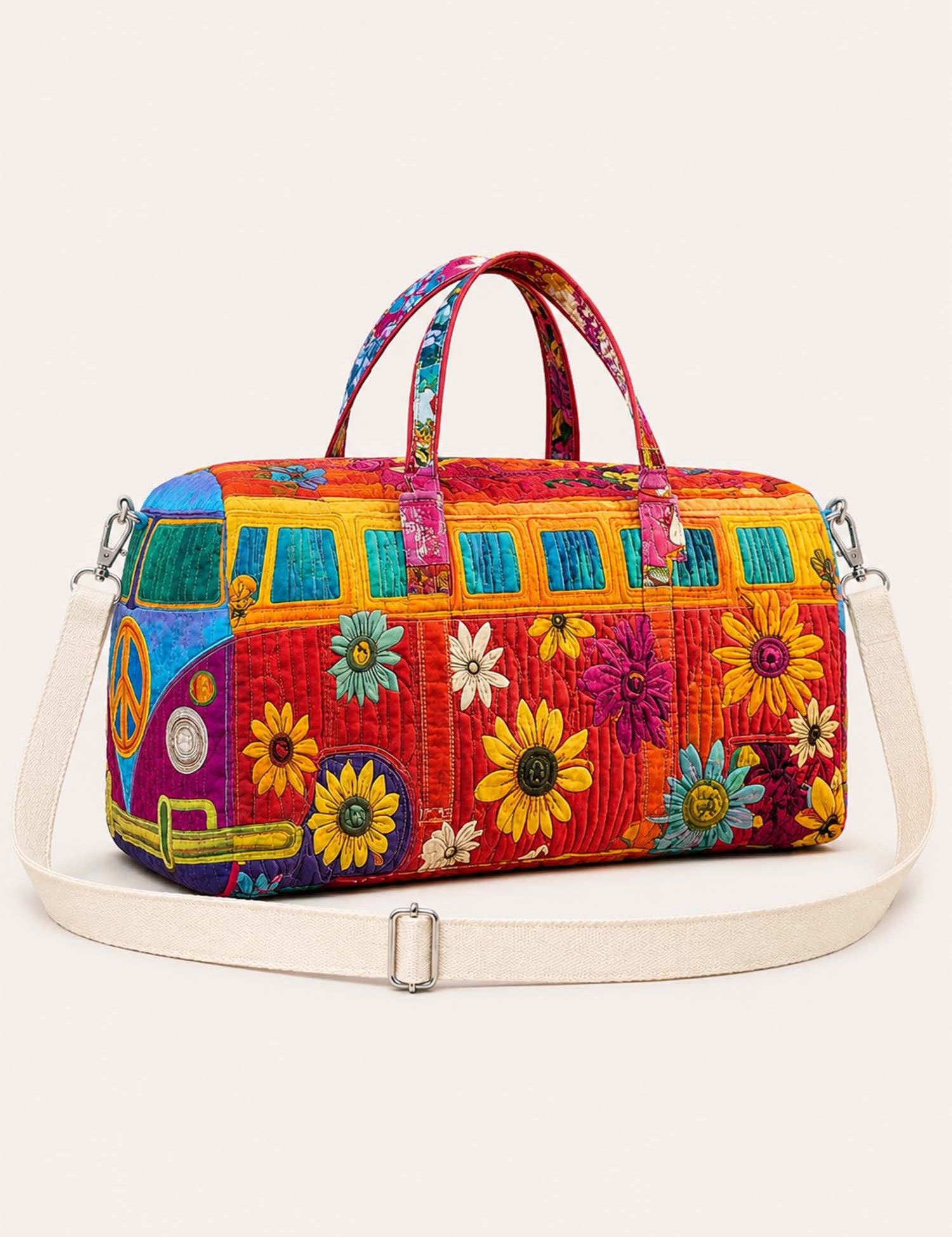 Dámská prošívaná taška - Retro barevný hippie van z 70. let, cestovní taška s slunečnicemi