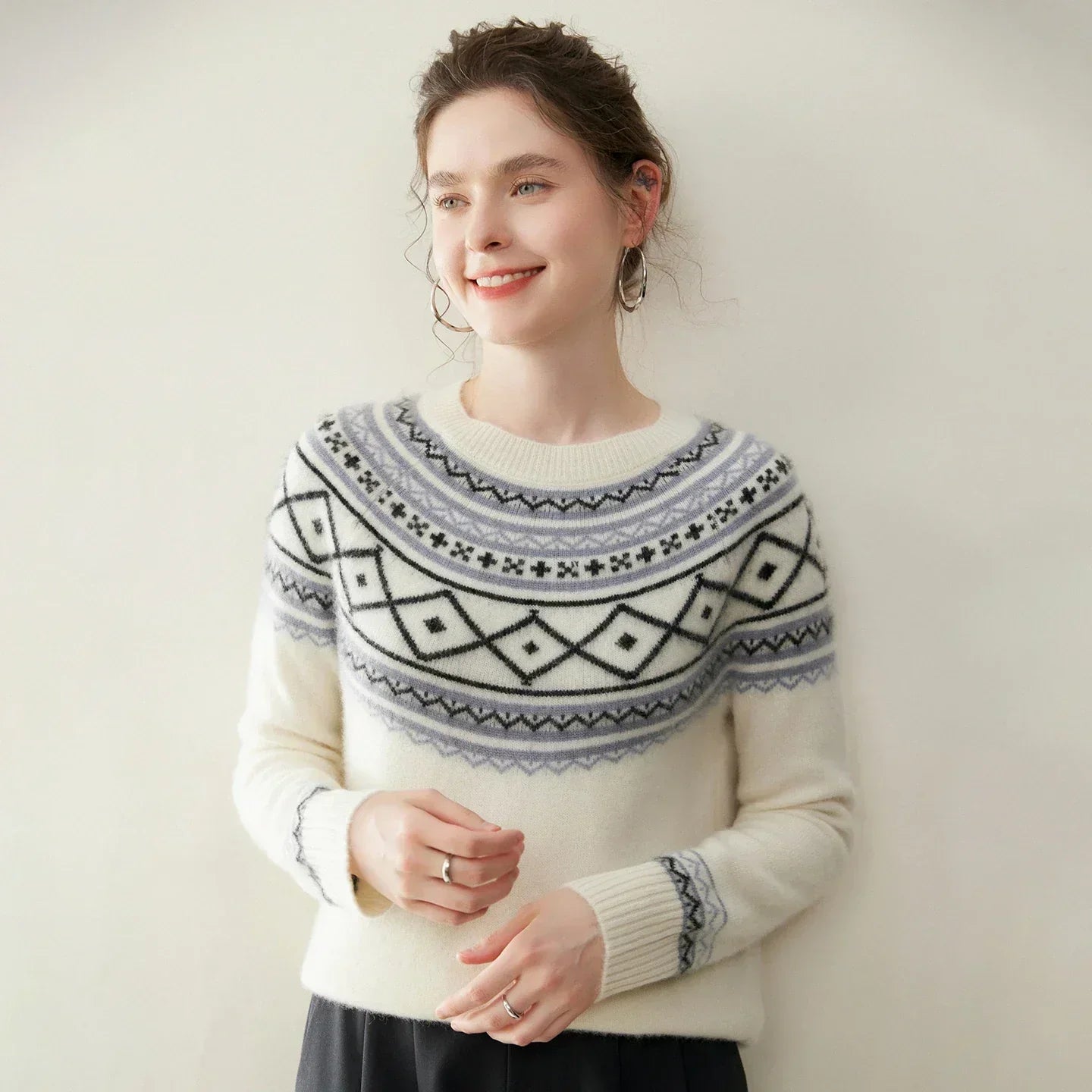 Norvale Alpaka Jacquard Kašmírový Pletený Svetr