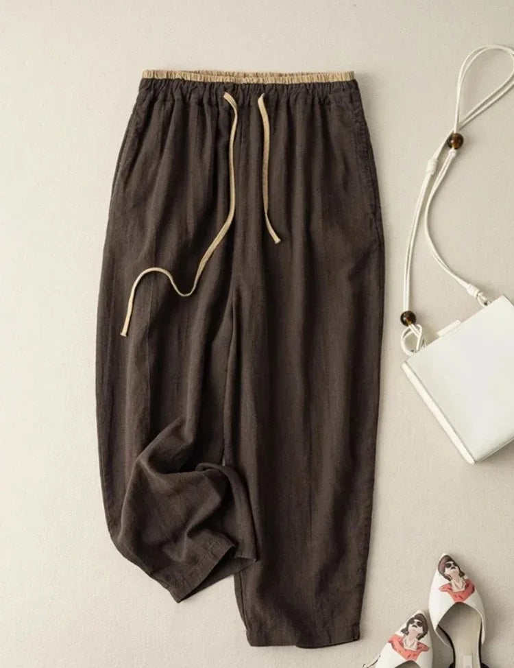 Kalhoty z chambray lnu s tapered střihem