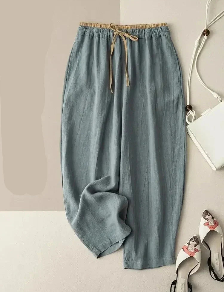 Kalhoty z chambray lnu s tapered střihem