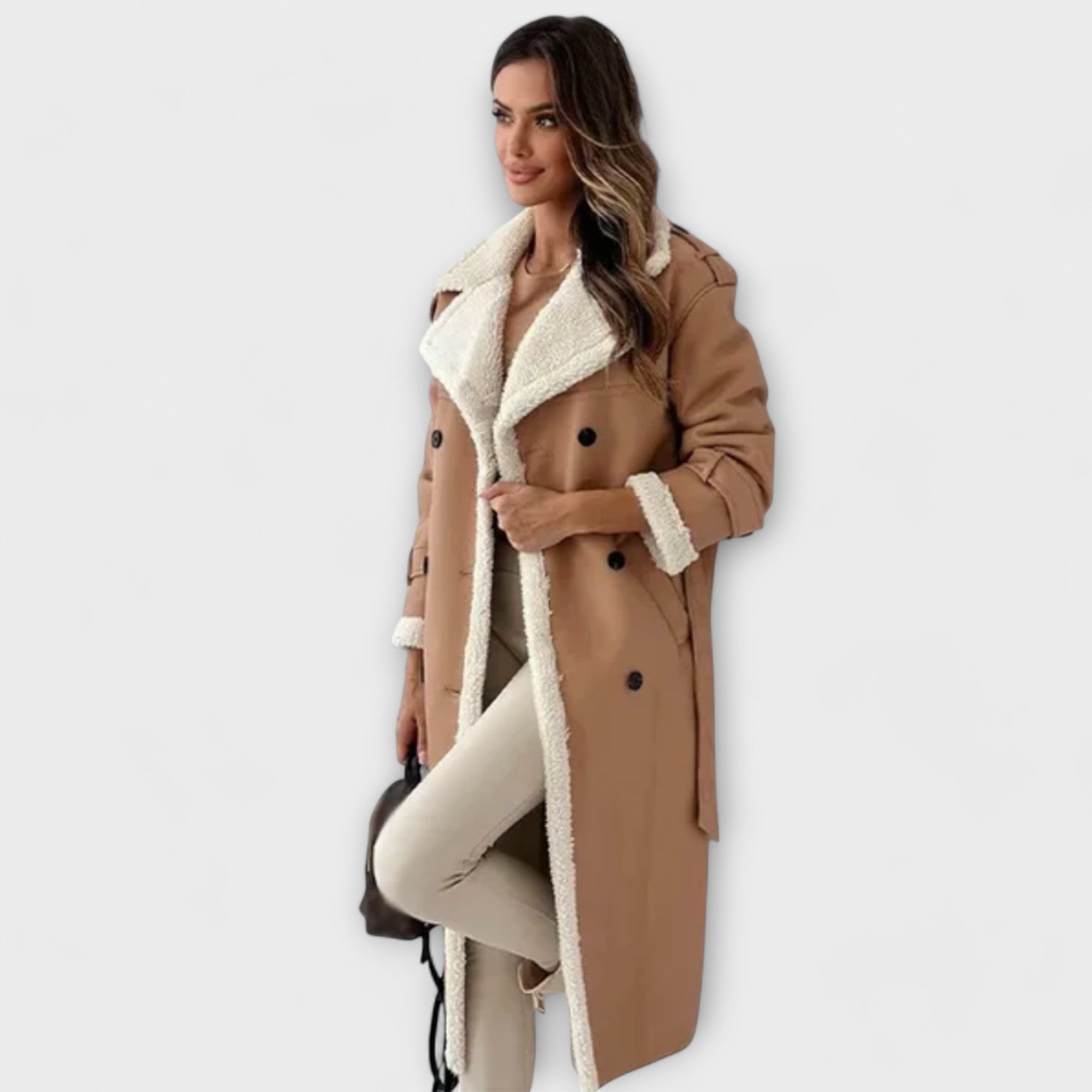 Maria – Dlouhý klasický kabát s fleecovou podšívkou a límcem z teddy materiálu